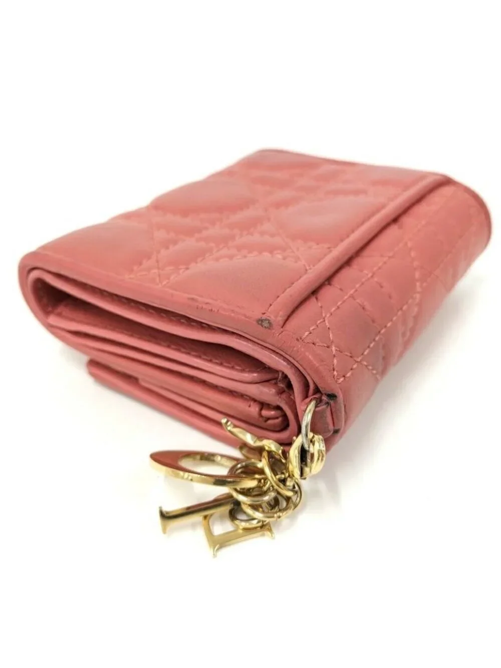 Dior Trifold Wallet Lady Lotus Leather Pink Coral